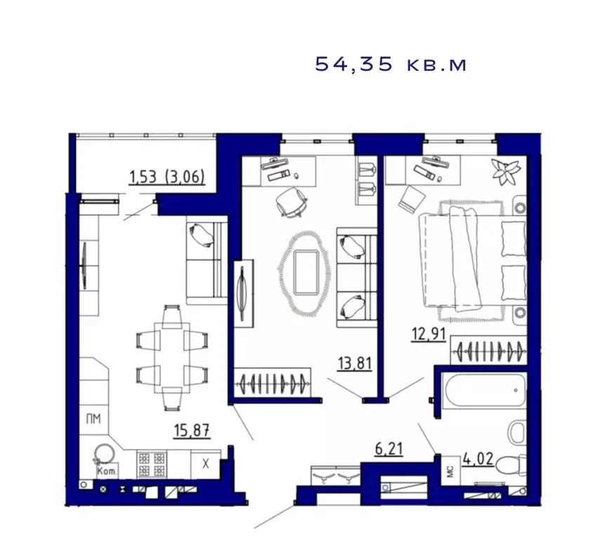 2-комнатная квартира: Аксай, ЖК Авиатор (54.35 м) - Фото 0