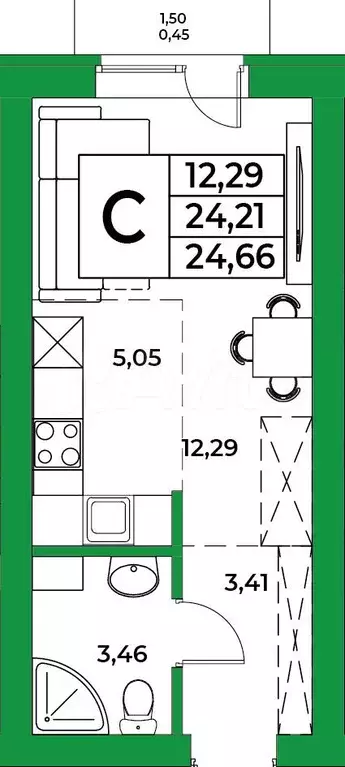 1-к. квартира, 24,7 м, 7/9 эт. - Фото 0