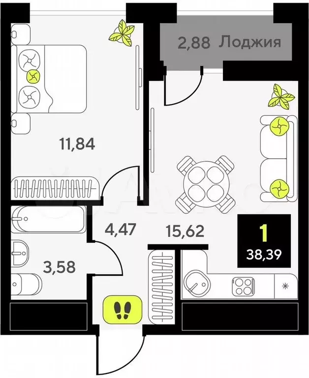 1-к. квартира, 38,4 м, 5/14 эт. - Фото 1