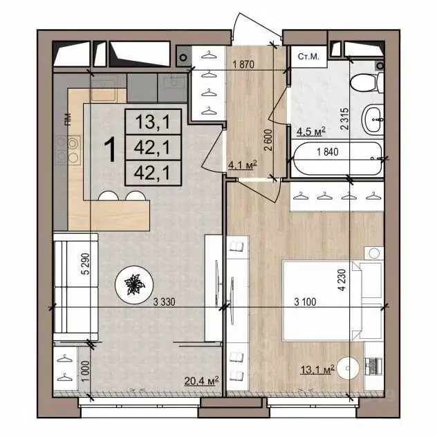 1-к кв. Рязанская область, Рязань ул. Новоселов, 33Б (42.1 м) - Фото 1