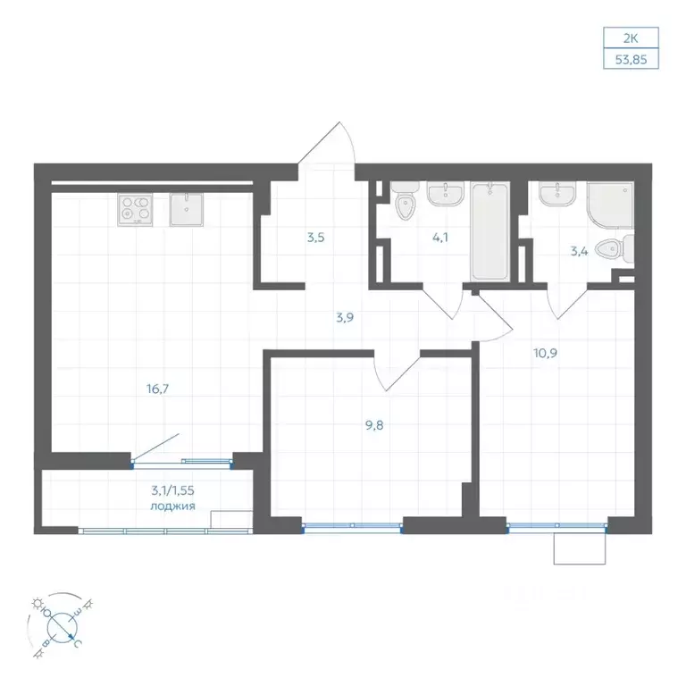 2-к кв. Челябинская область, Челябинск Клевер жилой комплекс (53.85 м) - Фото 1