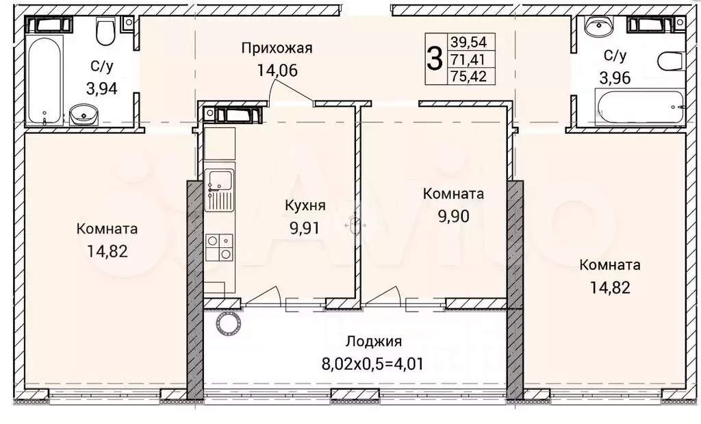 3-к. квартира, 75,4 м, 2/9 эт. - Фото 0