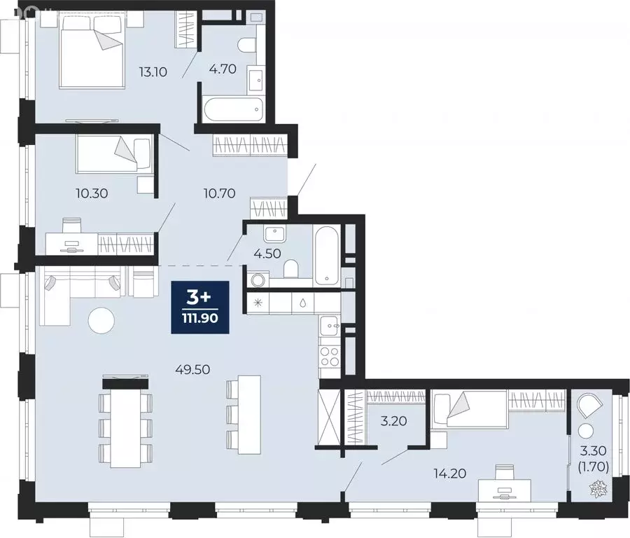 3-комнатная квартира: Тюмень, улица Пожарных и Спасателей, 2к1 (111.9 ... - Фото 1