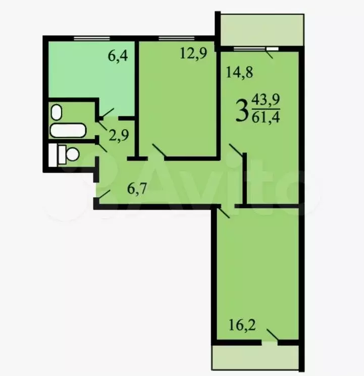 3-к. квартира, 61 м, 3/9 эт. - Фото 0