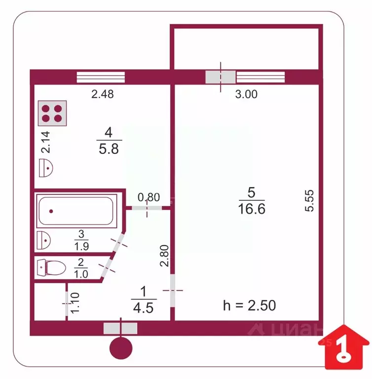 1-к кв. Омская область, Омск ул. Лермонтова, 32 (29.8 м) - Фото 1
