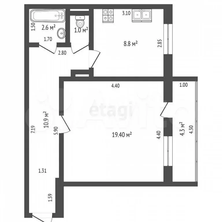 1-к. квартира, 42,1 м, 5/5 эт. - Фото 0
