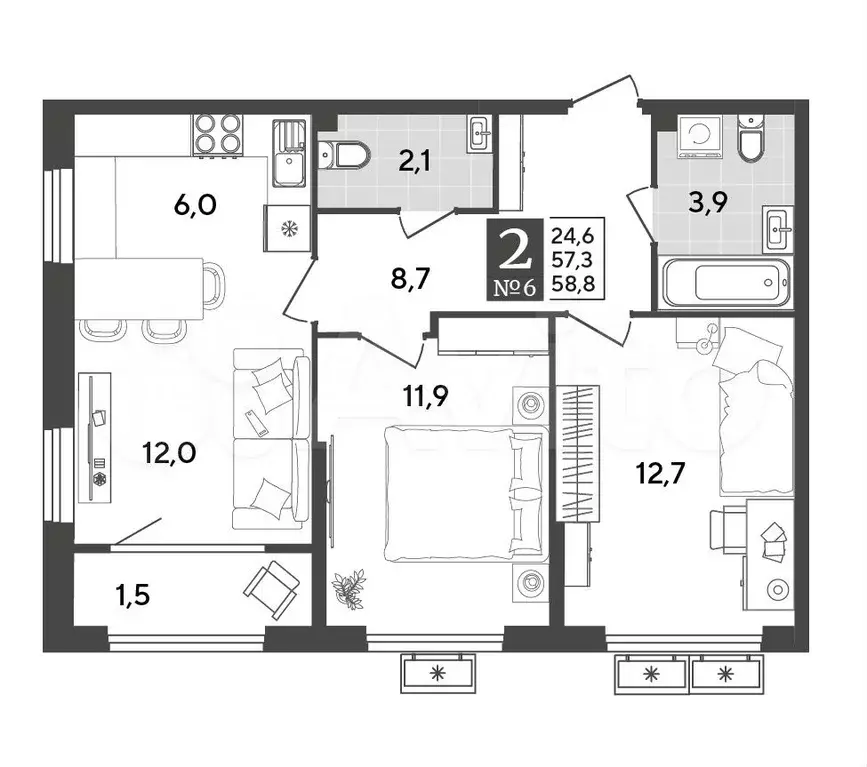 2-к. квартира, 58,8 м, 3/9 эт. - Фото 1