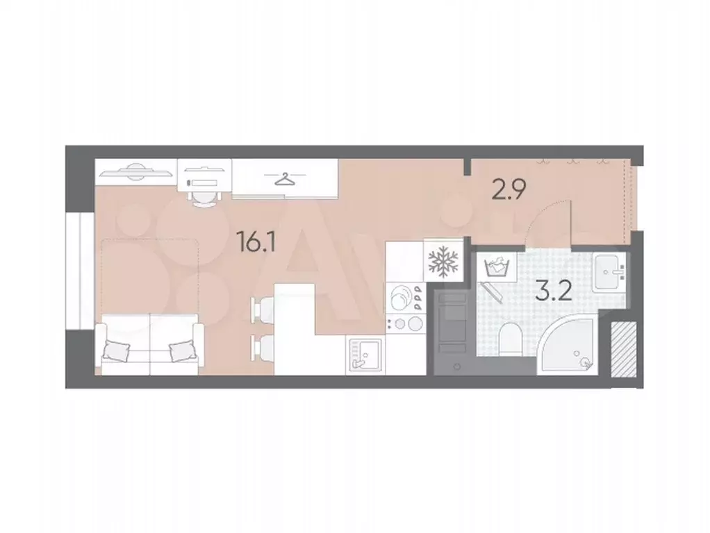 Квартира-студия, 22,2 м, 4/12 эт. - Фото 0