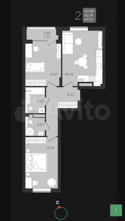 2-к. квартира, 63,5 м, 2/9 эт. - Фото 1