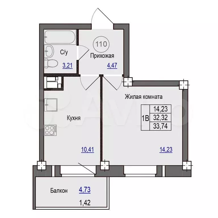1-к. квартира, 33,7 м, 6/9 эт. - Фото 0