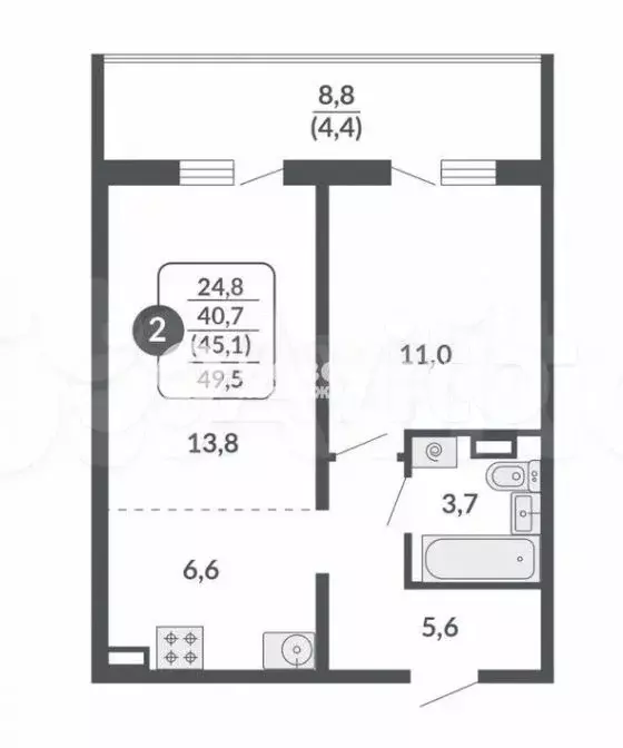 2-к. квартира, 45,1 м, 8/15 эт. - Фото 0