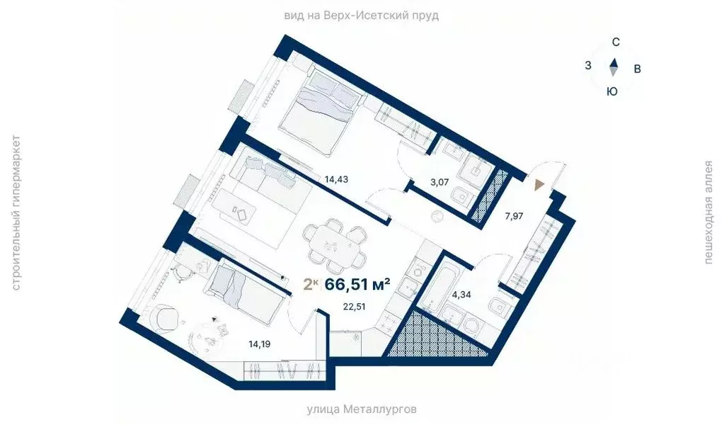 2-к кв. Свердловская область, Екатеринбург ул. Металлургов, 70Е (66.51 ... - Фото 1
