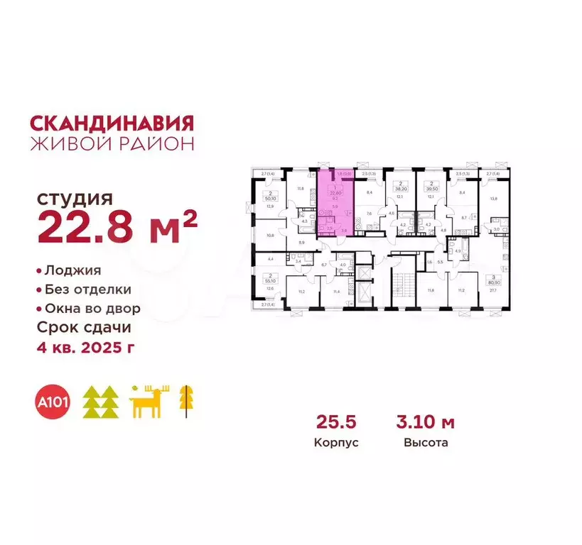 Квартира-студия, 22,8 м, 6/12 эт. - Фото 1