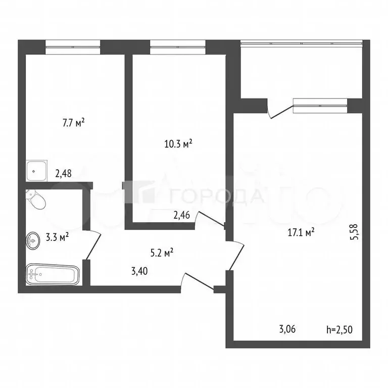 2-к. квартира, 43,6 м, 6/9 эт. - Фото 1