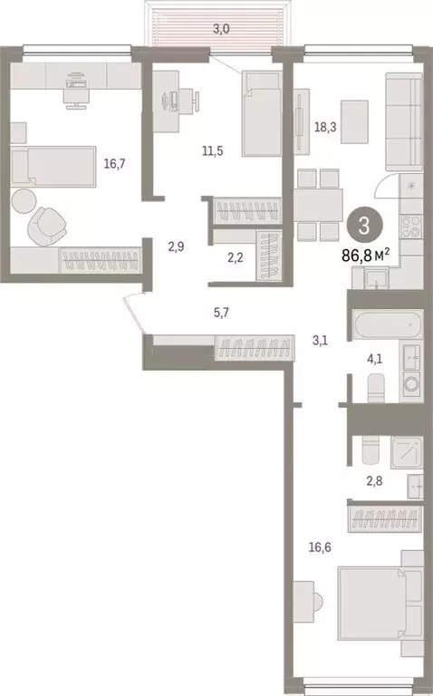 3-комнатная квартира: Тюмень, Мысовская улица, 26к1 (86.79 м) - Фото 1