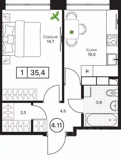 Квартира, 1 комната, 35.4 м - Фото 1