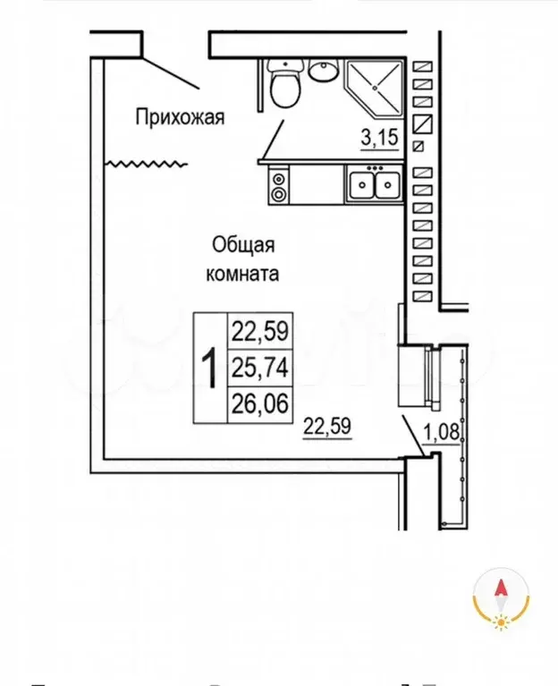 Квартира-студия, 26,8 м, 9/9 эт. - Фото 1