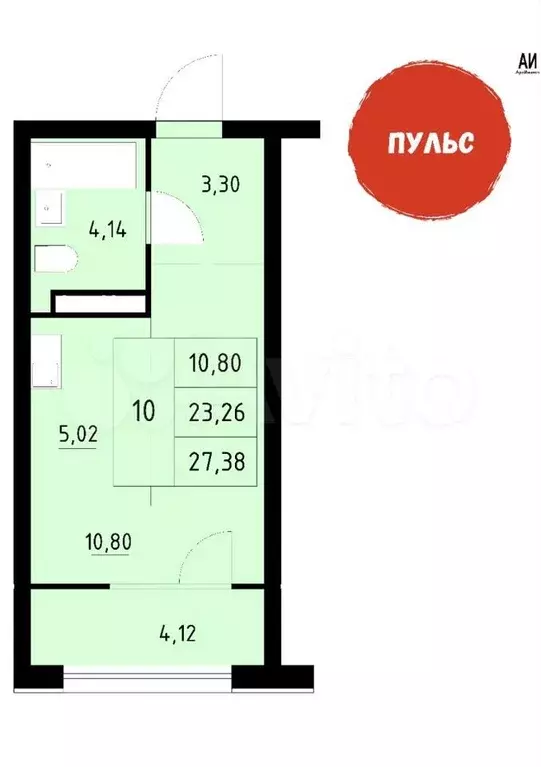 Квартира-студия, 27,4 м, 12/16 эт. - Фото 1