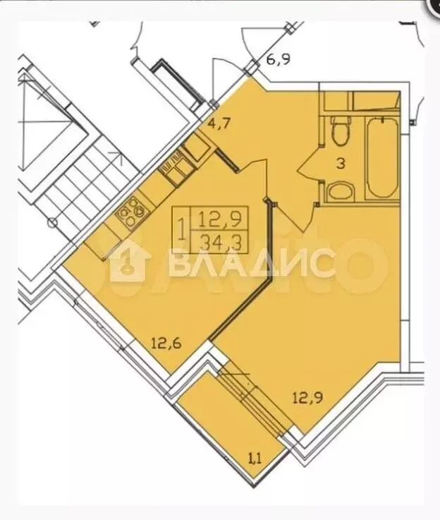 Квартира-студия, 34,4 м, 3/4 эт. - Фото 0