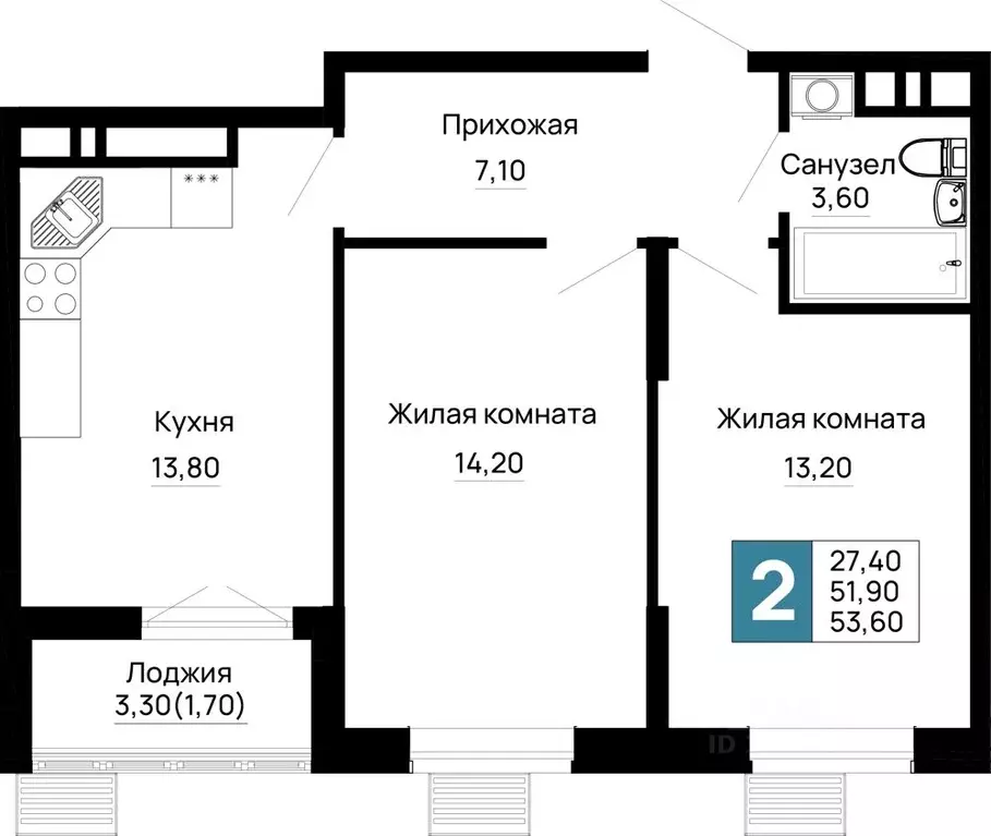 2-к кв. Адыгея, Тахтамукайский район, Яблоновский пгт  (53.6 м) - Фото 1