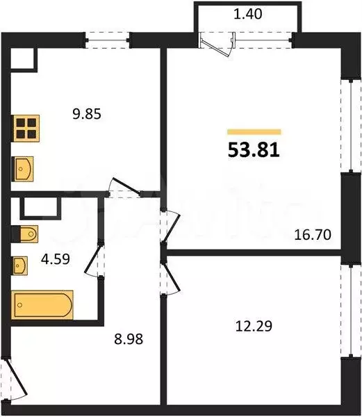 2-к. квартира, 53,8 м, 4/4 эт. - Фото 1