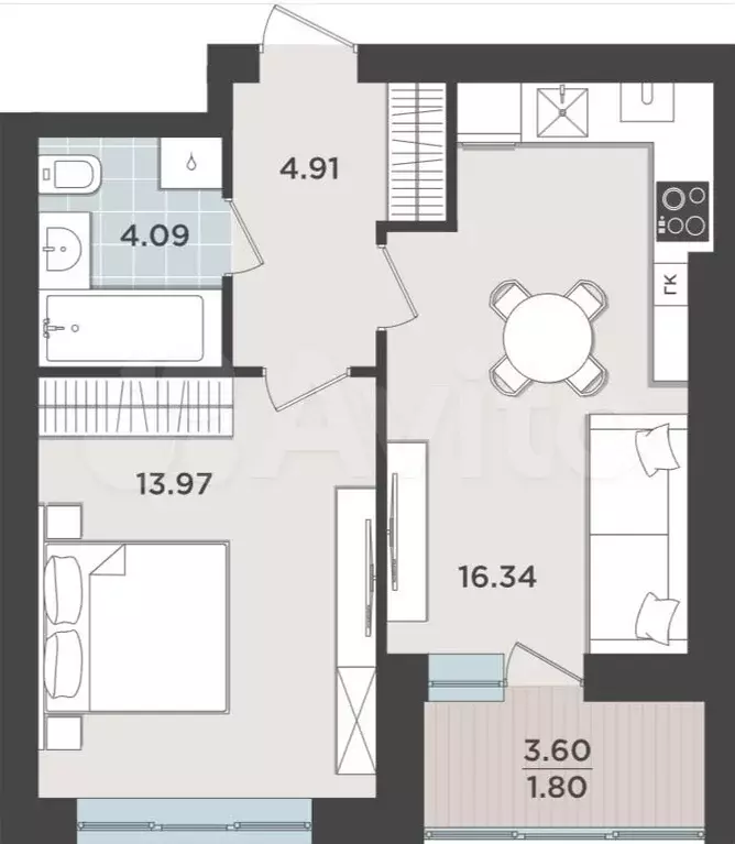 1-к. квартира, 41,1 м, 1/9 эт. - Фото 1