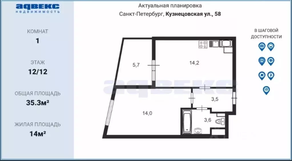 1-к кв. Санкт-Петербург Кузнецовская ул., 58к1 (35.3 м) - Фото 1