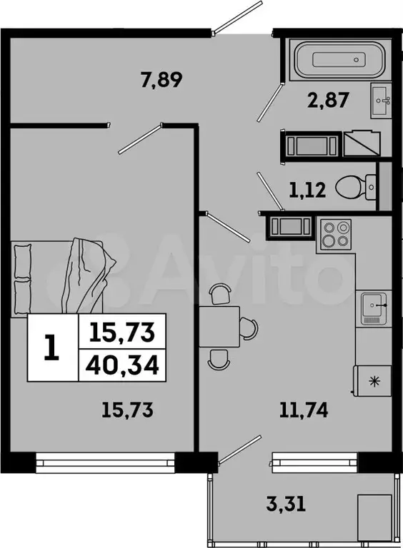 1-к. квартира, 40,3 м, 4/7 эт. - Фото 0