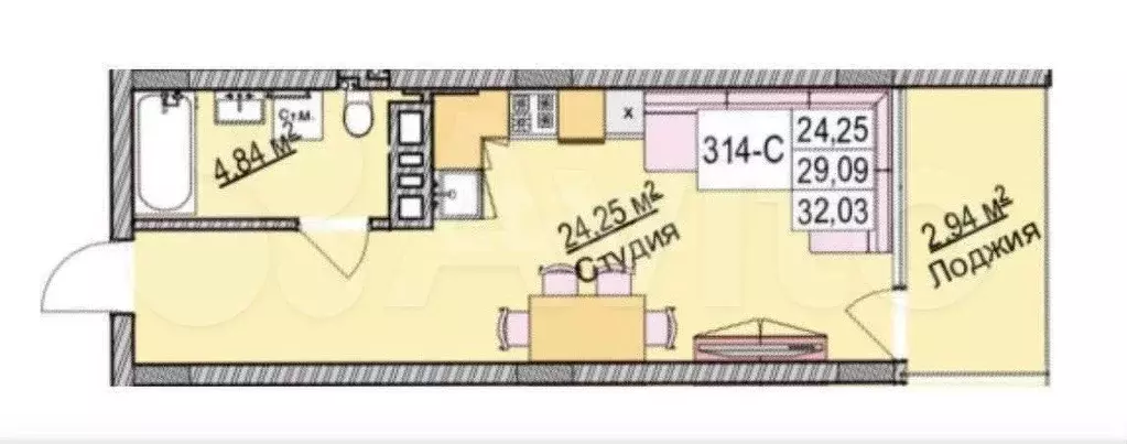 Квартира-студия, 32 м, 4/6 эт. - Фото 0