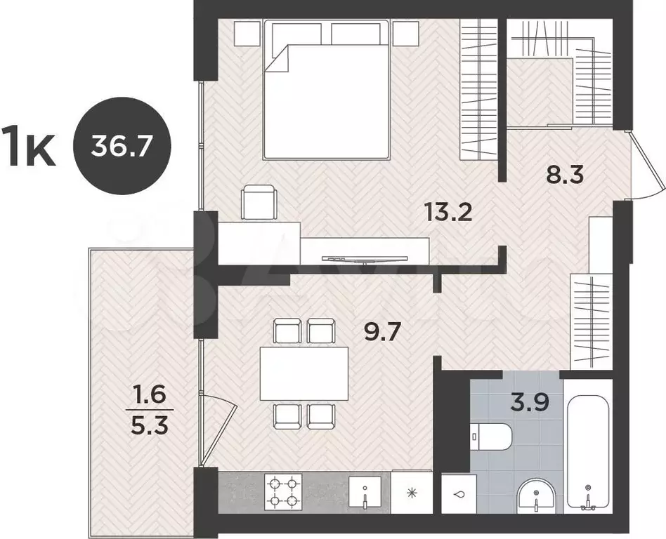 1-к. квартира, 36,7м, 3/9эт. - Фото 1