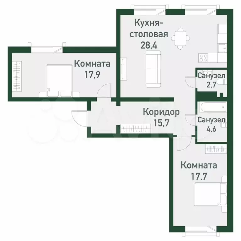 2-к. квартира, 86,8 м, 5/7 эт. - Фото 0