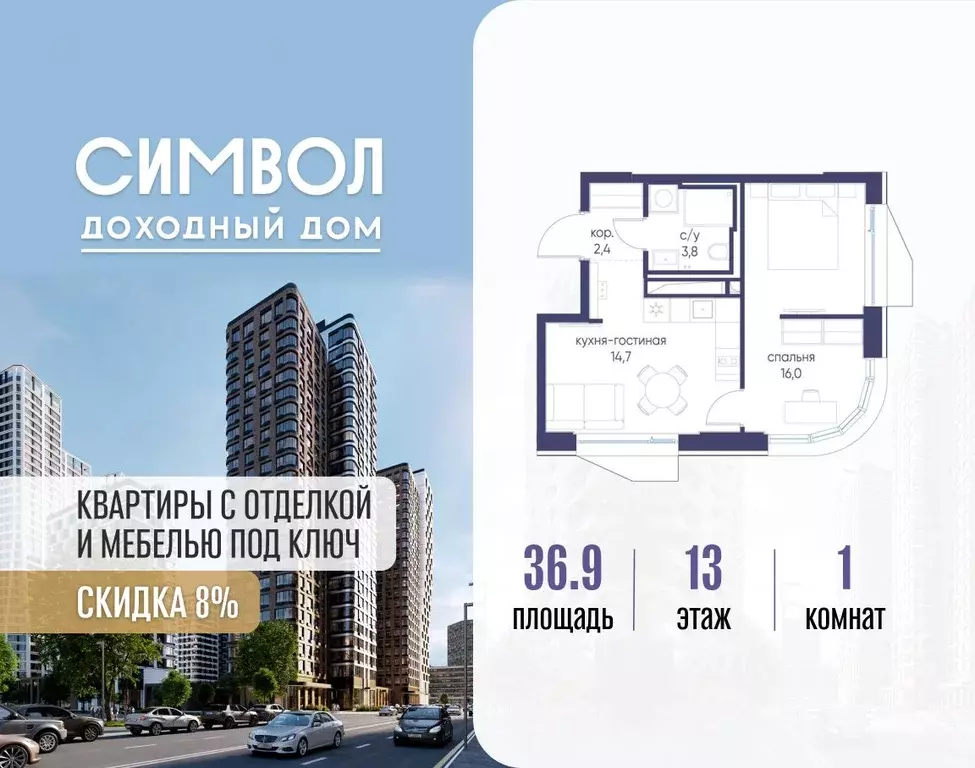 1-к кв. Москва Символ жилой комплекс (36.9 м) - Фото 1