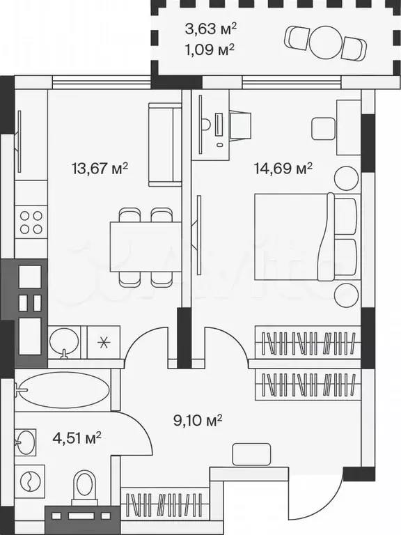 1-к. квартира, 43,1 м, 7/7 эт. - Фото 1
