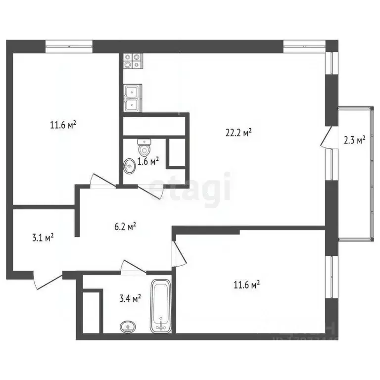 2-к кв. Тюменская область, Тюмень ул. Краснооктябрьская, 16к1 (60.0 м) - Фото 2
