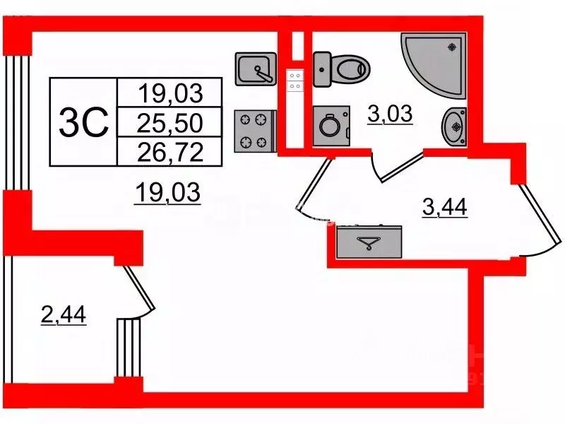 Студия Санкт-Петербург пос. Стрельна, просп. Буденного, 22к7 (26.72 м) - Фото 2