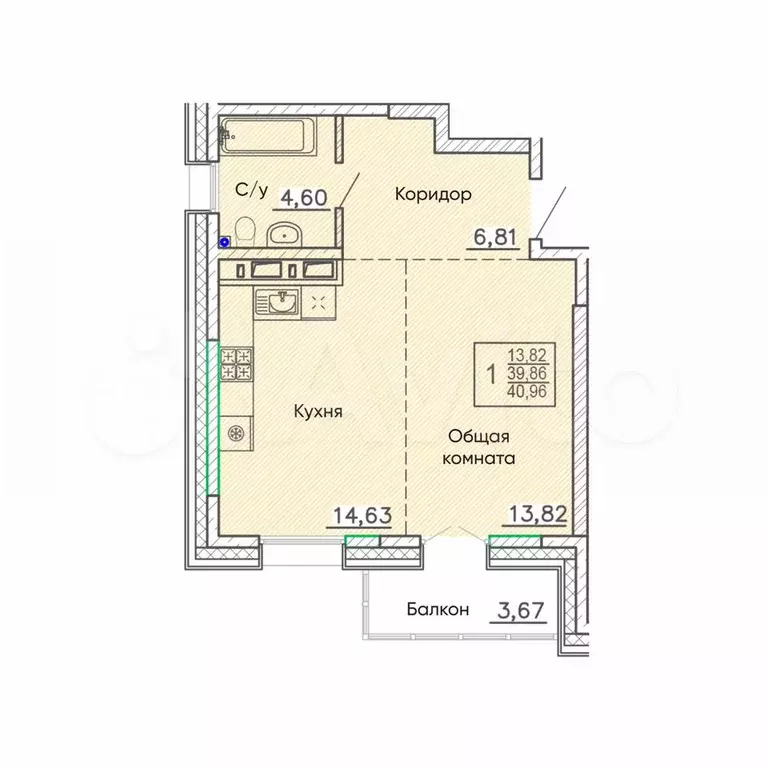 1-к. квартира, 41 м, 6/9 эт. - Фото 0