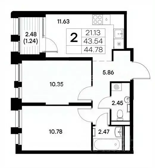 2-к кв. Татарстан, Казань ул. Профессора Мухамедьярова, 31к1 (44.78 м) - Фото 2