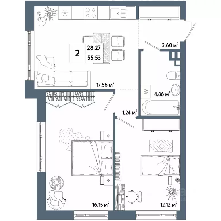 2-к кв. Башкортостан, Уфа 42-й кв-л,  (55.73 м) - Фото 1