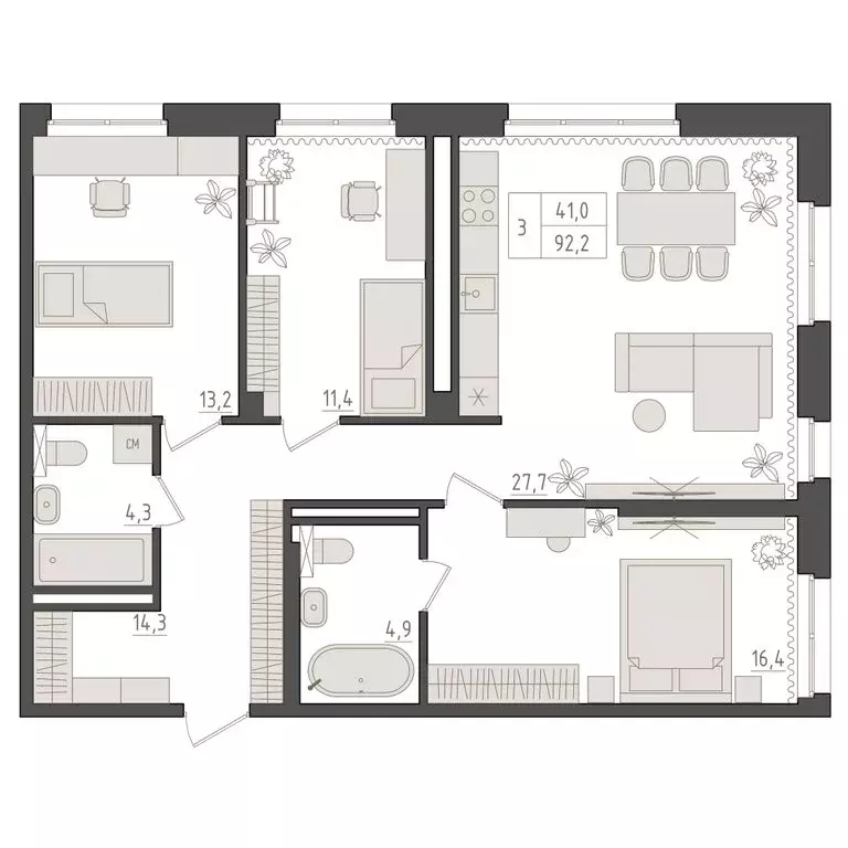 3-комнатная квартира: Уфа, улица Пушкина, 74 (92.2 м) - Фото 1