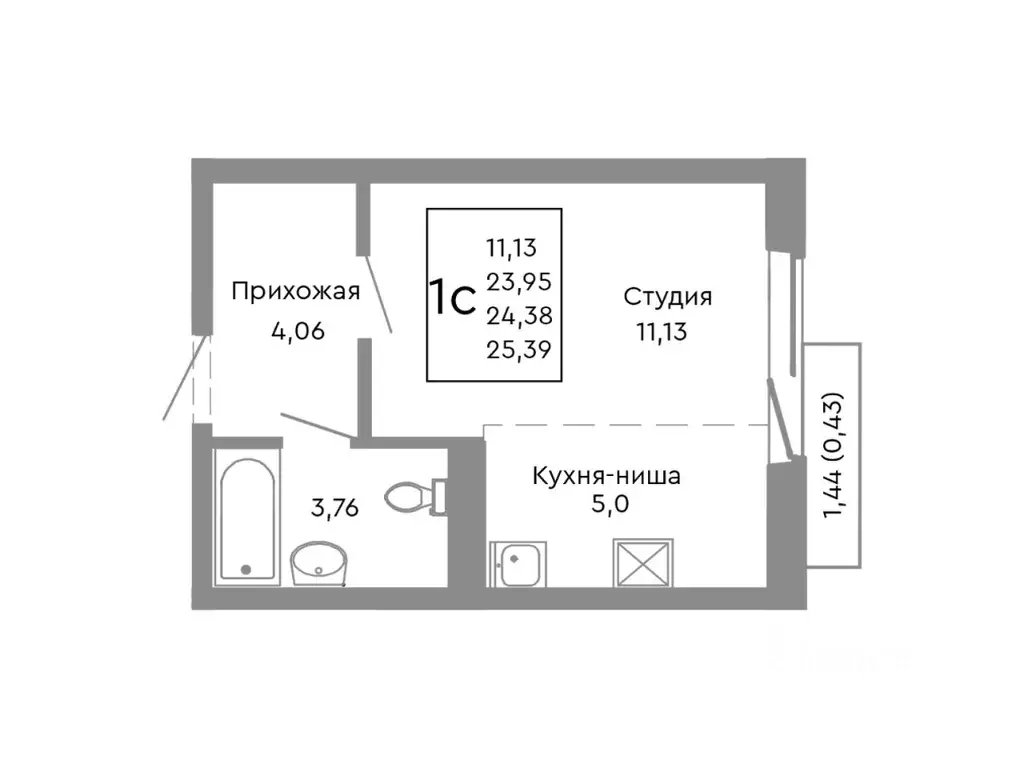 Студия Челябинская область, Челябинск Нефтебазовая ул., 1-13 (24.38 м) - Фото 1