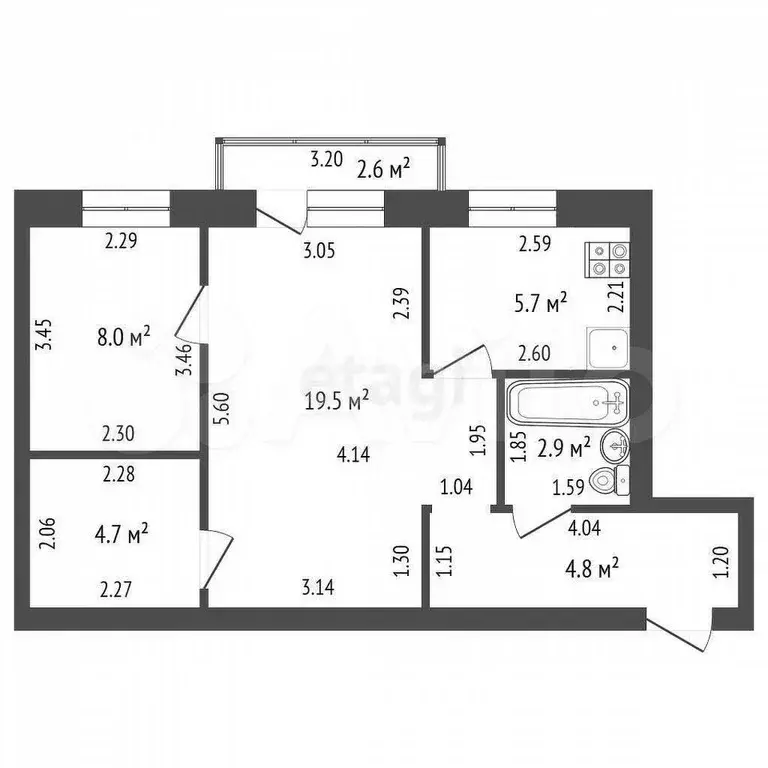 2-к. квартира, 45,6 м, 2/5 эт. - Фото 1