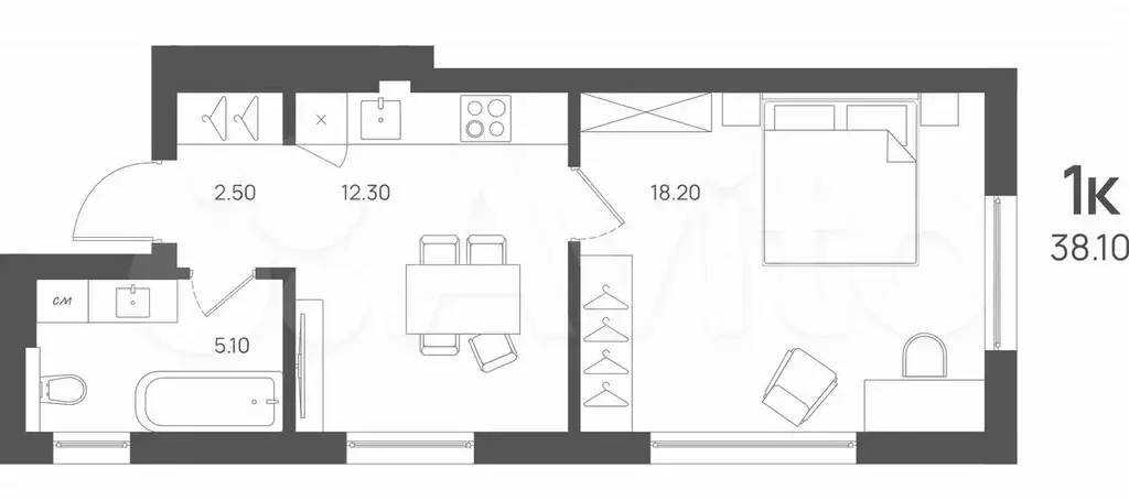 1-к. квартира, 38,1 м, 3/4 эт. - Фото 1