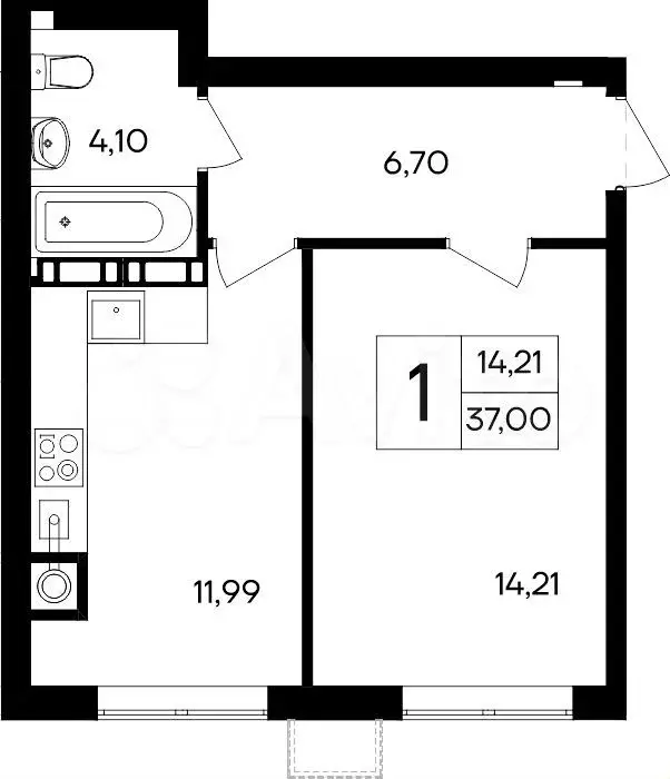 1-к. квартира, 37 м, 1/8 эт. - Фото 0