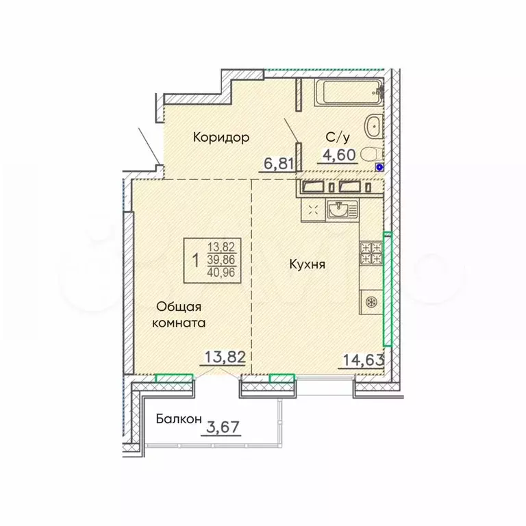 1-к. квартира, 41 м, 4/9 эт. - Фото 0