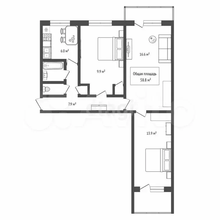 3-к. квартира, 58,8 м, 3/5 эт. - Фото 0