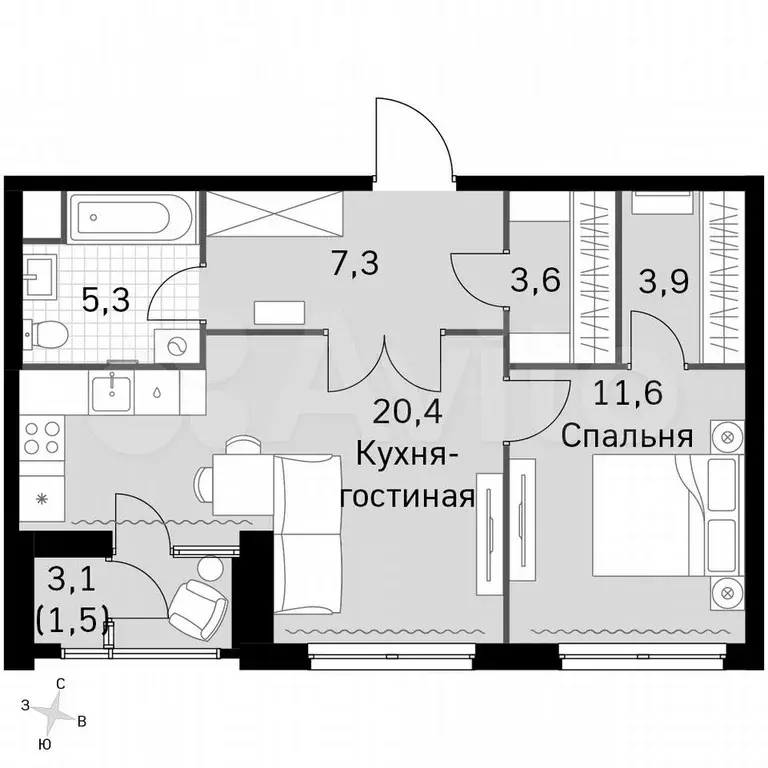 1-к. квартира, 53,6 м, 15/15 эт. - Фото 0