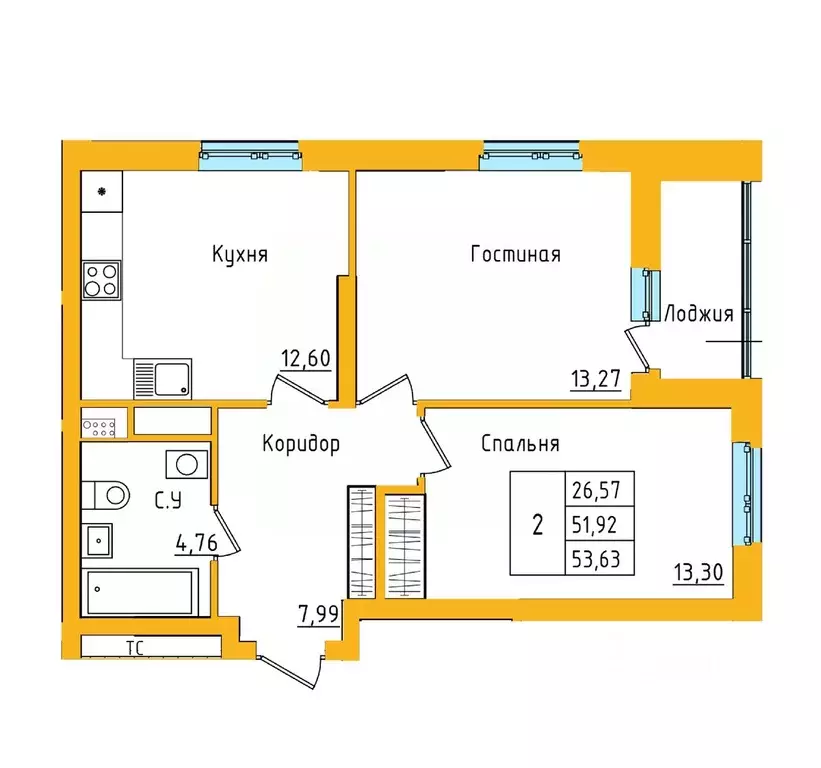 2-к кв. Башкортостан, Уфа ул. Валерия Лесунова, 18 (53.63 м) - Фото 1
