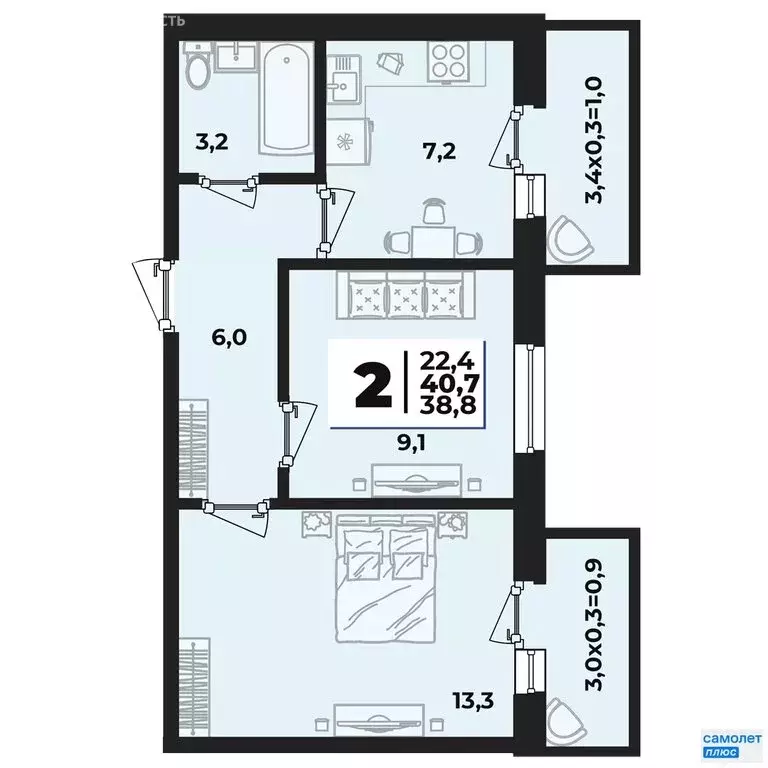 2-комнатная квартира: аул Новая Адыгея, ЖК Дарград (38.8 м) - Фото 1