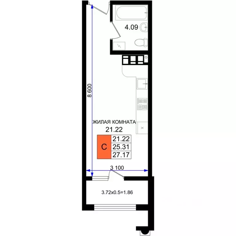 Студия Краснодарский край, Новороссийск 5-я Бригада мкр,  (27.17 м) - Фото 1