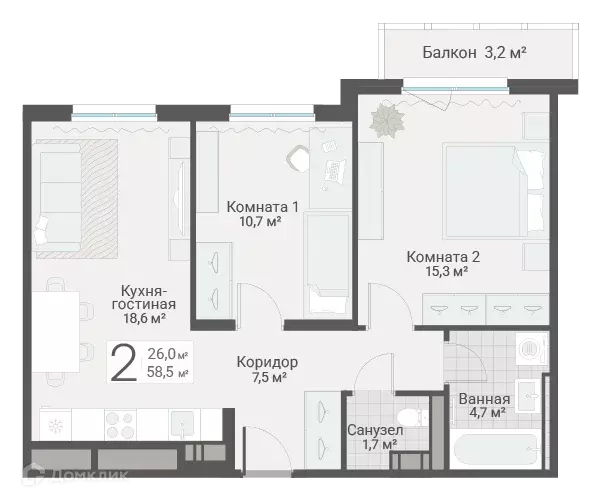 Продаётся 2-к квартира, 58.5 м - Фото 0